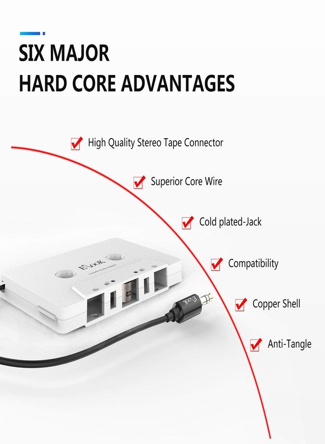 Elook Car Cassette Aux Adapter, 3.5mm Universal Audio Cable Tape Adapter for Car, Phone, MP3 ect. White - Image 4