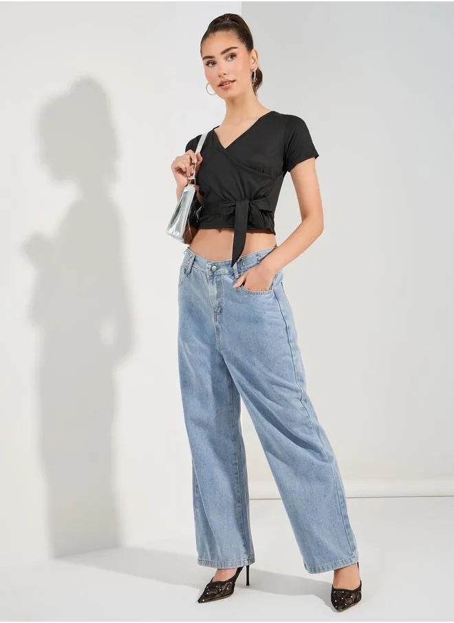 Styli Solid Wrap Front Crop Top