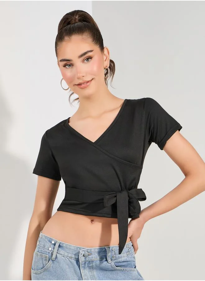 Styli Solid Wrap Front Crop Top