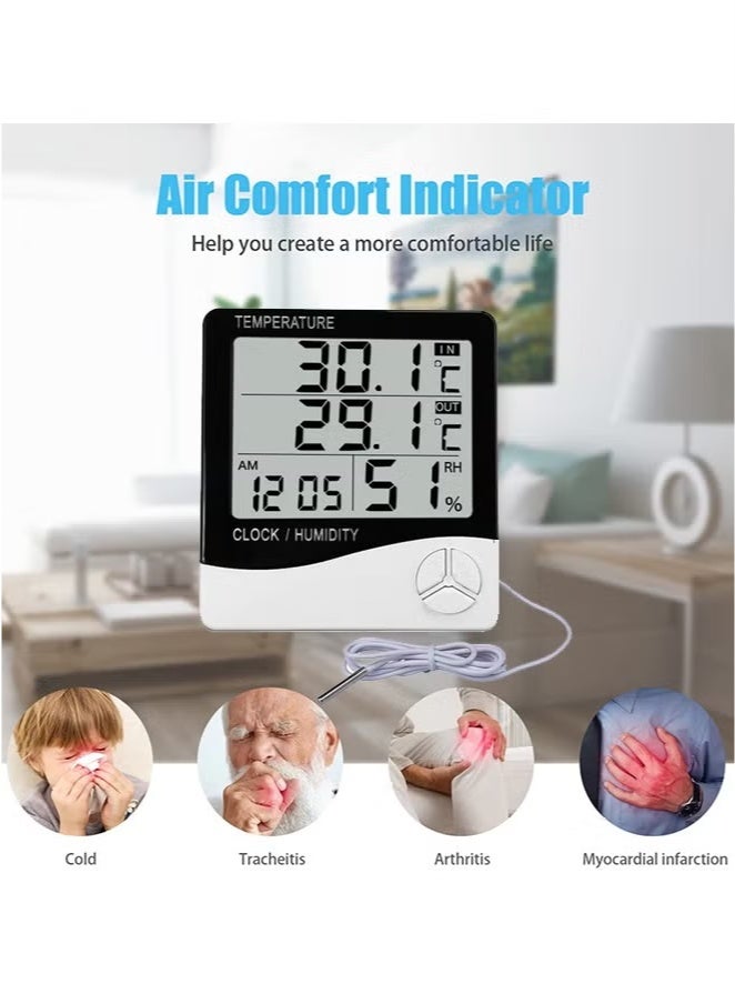 مقياس حرارة رقمي للرطوبة، جهاز مراقبة درجة الحرارة/الرطوبة مع ساعة منبه LCD، مقياس حرارة/رطوبة الغرفة الداخلية للمنزل والدفيئة - Image 3