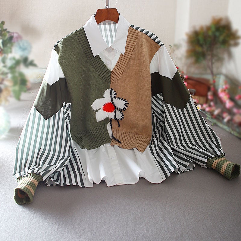 Original Womens Clothing Medium-Length Two-Piece Illusion Knitted Top Preppy Style Loose-Fit Large Board Shirt Idle Style Top Rose red - Image 2