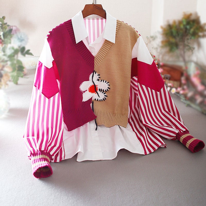 Original Womens Clothing Medium-Length Two-Piece Illusion Knitted Top Preppy Style Loose-Fit Large Board Shirt Idle Style Top Rose red - Image 1