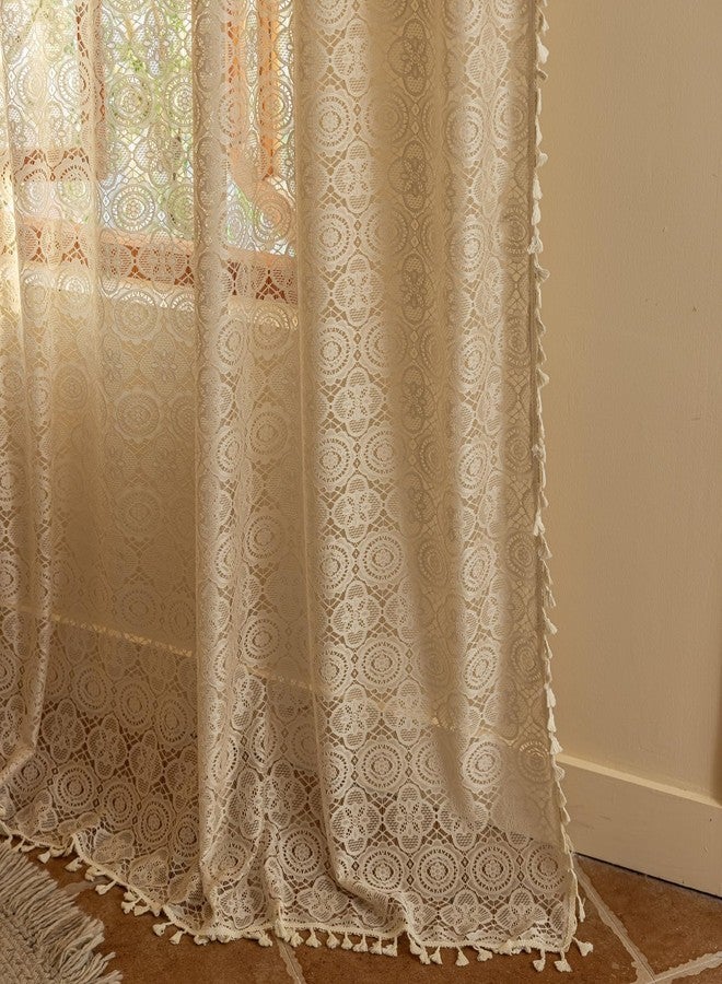 YJ YANJUN Boho Crochet Curtains with Tassel 63 Inch Length 2 Panel Sets Vintage Floral Pattern Lace Sheer Drapes Rod Pocket Privacy Cottage Curtains for Bedroom Living Room Bay Window W59 x L63 Beige - Image 4