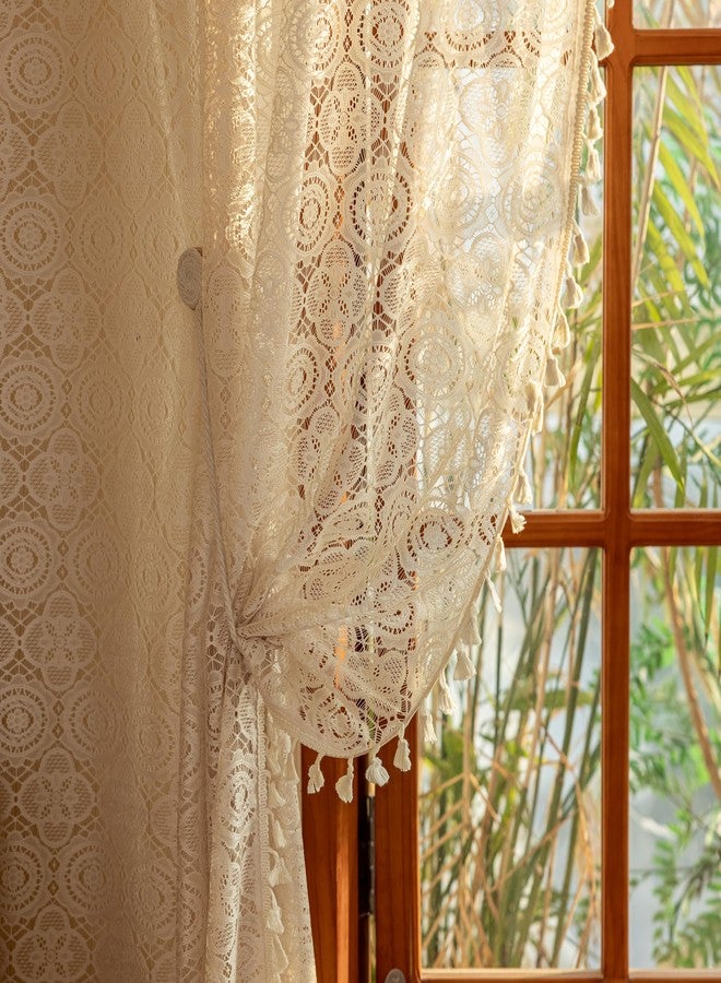 YJ YANJUN Boho Crochet Curtains with Tassel 63 Inch Length 2 Panel Sets Vintage Floral Pattern Lace Sheer Drapes Rod Pocket Privacy Cottage Curtains for Bedroom Living Room Bay Window W59 x L63 Beige - Image 2