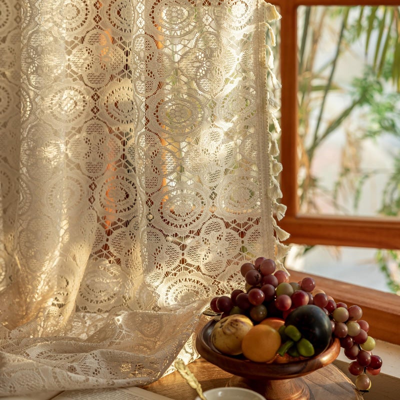 YJ YANJUN Boho Crochet Curtains with Tassel 63 Inch Length 2 Panel Sets Vintage Floral Pattern Lace Sheer Drapes Rod Pocket Privacy Cottage Curtains for Bedroom Living Room Bay Window W59 x L63 Beige - Image 1