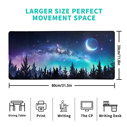 Brecoy Extended Gaming Mouse Pad, XL Large Keyboard Mouse Mat Desk Pad, Stitched Edges Mousepad, 3mm Thick Long Non-Slip Rubber Base Mice Pad, 31.5 X 11.8 Inch, Forest Moon Galaxy - Image 2