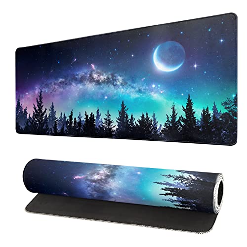Brecoy Extended Gaming Mouse Pad, XL Large Keyboard Mouse Mat Desk Pad, Stitched Edges Mousepad, 3mm Thick Long Non-Slip Rubber Base Mice Pad, 31.5 X 11.8 Inch, Forest Moon Galaxy - Image 1