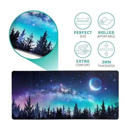 Brecoy Extended Gaming Mouse Pad, XL Large Keyboard Mouse Mat Desk Pad, Stitched Edges Mousepad, 3mm Thick Long Non-Slip Rubber Base Mice Pad, 31.5 X 11.8 Inch, Forest Moon Galaxy - Image 5