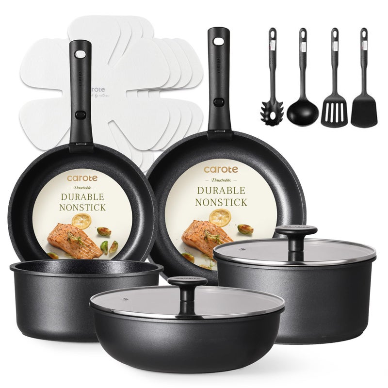 CAROTE 17Pcs Pots and Pans Set Non Stick Cookware Set Detachable Handle Nonstick Induction Kitchen Sets Non Stick with Removable Handle RV Cook Ware Oven Safe Black