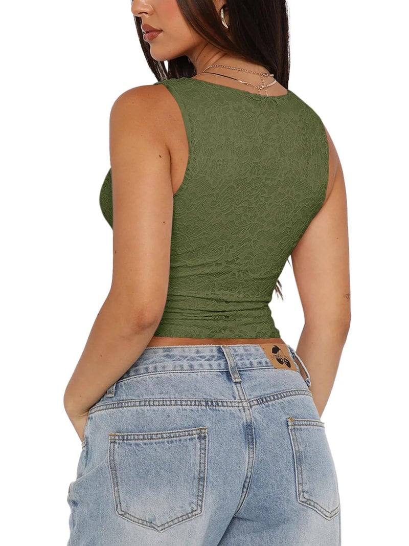 REORIA Womens Summer Tops Sexy V-Neck Sleeveless Double Lined Fashion Going Out Y2K Tank Tops Trendy Lace Slimming Crop Tops for Teen Girls Dark Green Small - Image 2