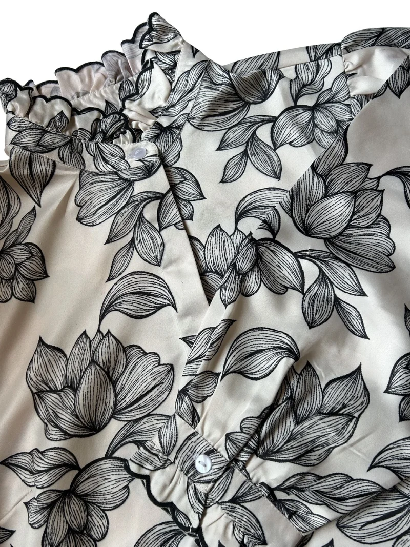 Outzidr  Off White Flowing Floral Collared Satin Blouse for Women | Best Price UAE