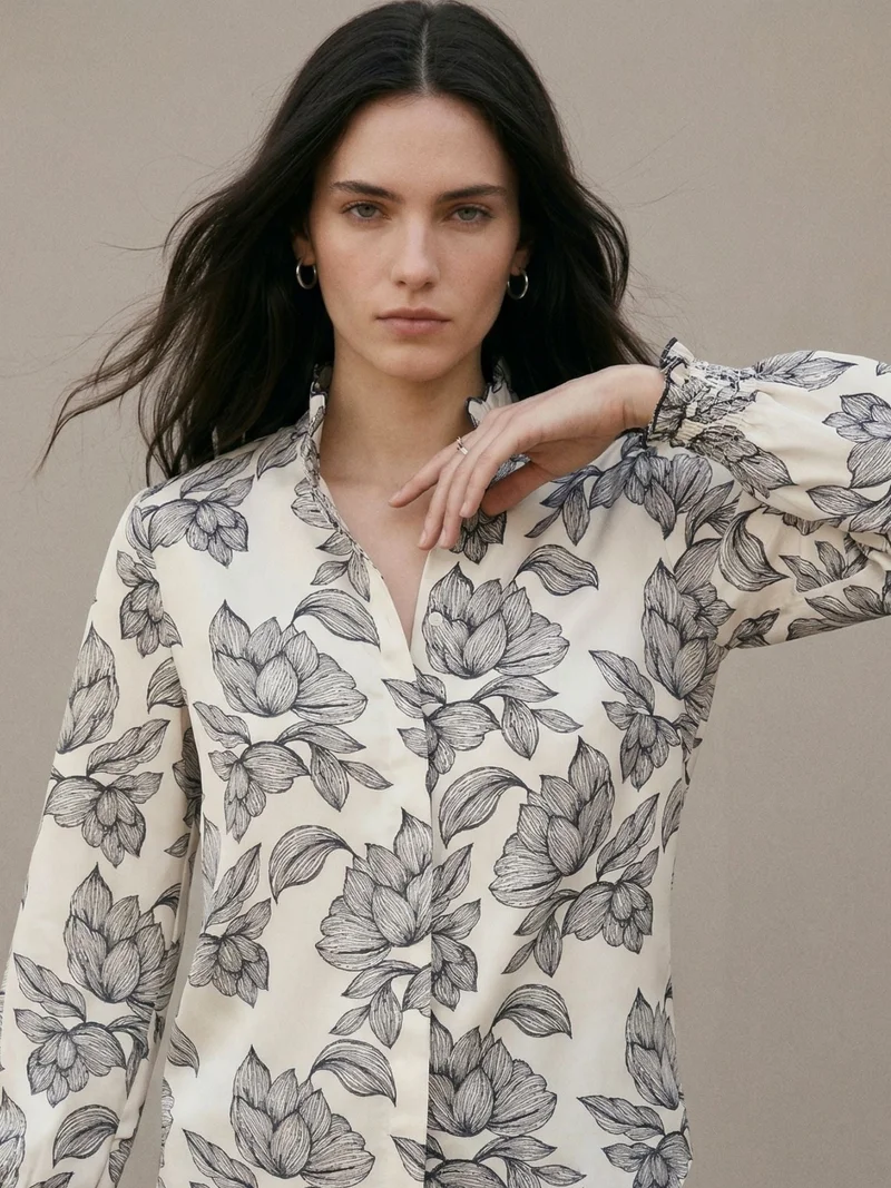 Outzidr  Off White Flowing Floral Collared Satin Blouse for Women | Best Price UAE