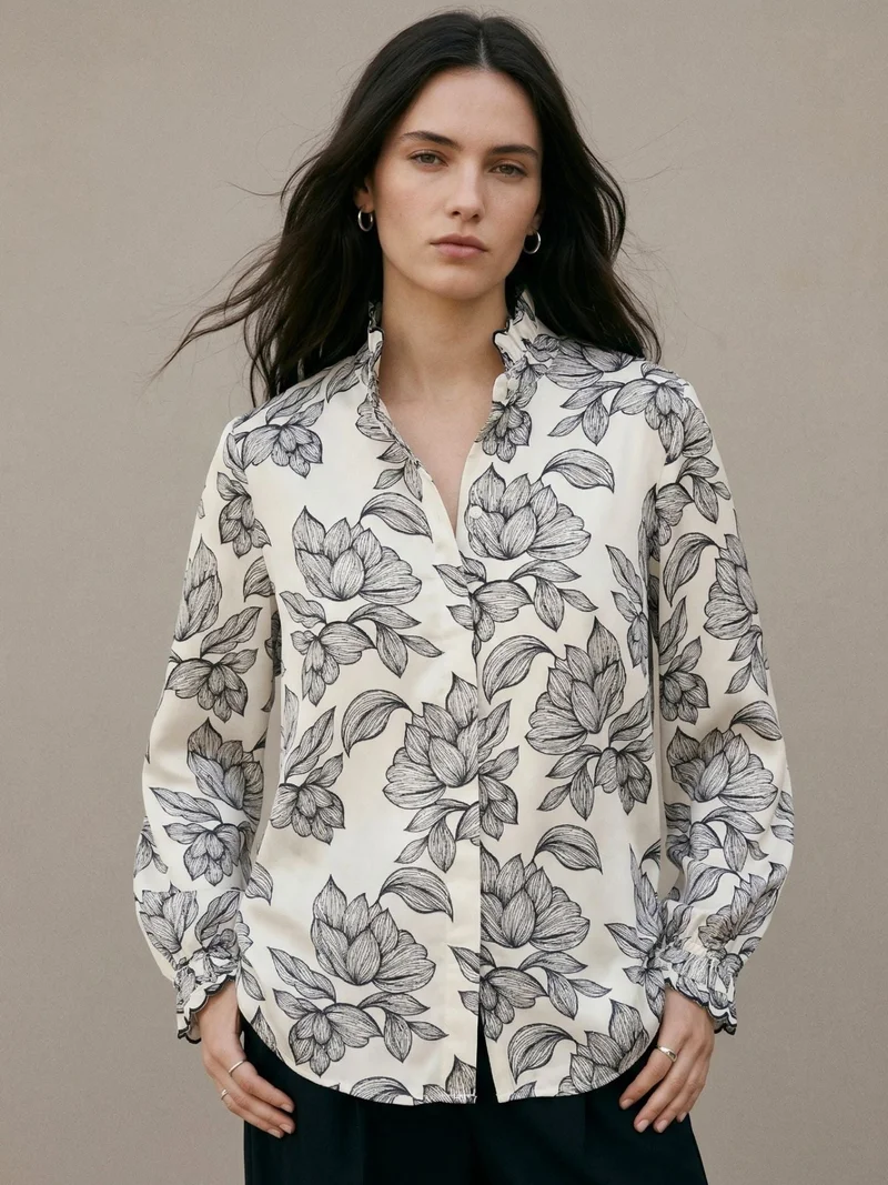 Outzidr  Off White Flowing Floral Collared Satin Blouse for Women | Best Price UAE