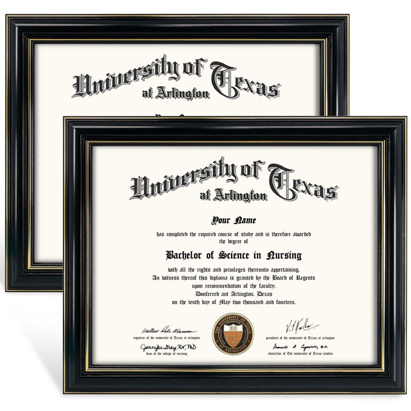GraduationMall 85x11 Certificate Diploma FrameSolid Wood  UV Protection AcrylicBlack Finish with Gold Trim2 Pack