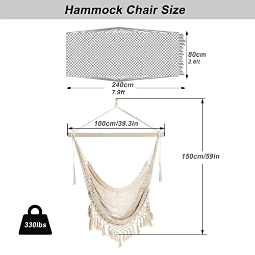 YAERSI Hammock Chair，Max 330lbs, Large Hanging Chair, Soft Cotton Rope Swing Chair with High Load-Bearing Metal Rod,Indoor Outdoor Garden Yard Living Room Use Beige - Image 4
