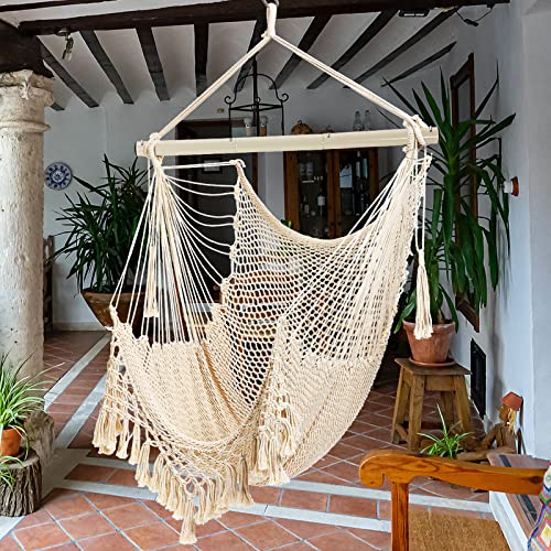 YAERSI Hammock Chair，Max 330lbs, Large Hanging Chair, Soft Cotton Rope Swing Chair with High Load-Bearing Metal Rod,Indoor Outdoor Garden Yard Living Room Use Beige - Image 3