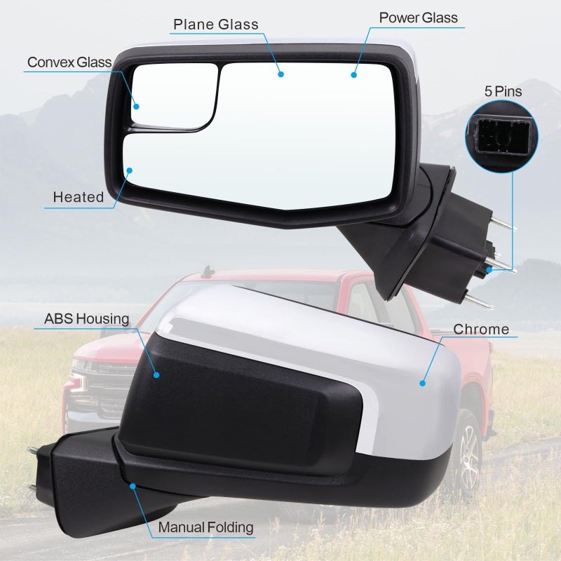 Lqito Left Driver Side Mirror Compatible With 2019-2025 Chevy Silverado 1500 With Power Glass Manual Folding Heated Without Turn Signal Chrome Replace#GM1320583(5Pins) - Image 2