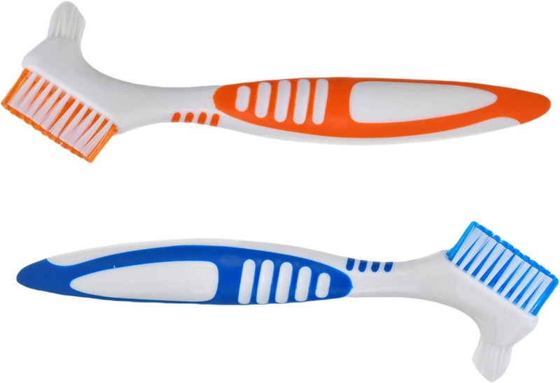 RyanDesign Denture Cleaning Brushes 2-Pack with Dual-Angle Heads - Soft Nylon Bristles & Ergonomic Grip, Travel Brush Kit for Seniors (Orange/Blue) | Denture Care Essentials, Heartwarming Gift for Elderly - Image 1