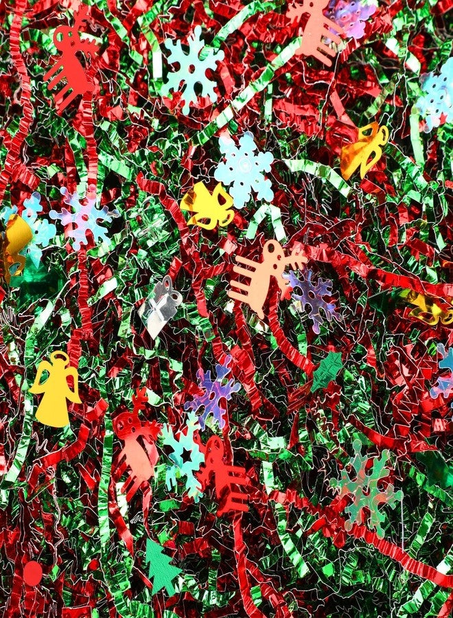 Jansun 1 LB Metallic Red Green Christmas Crinkle Cut Paper, Shredded Paper with Christmas Tree Snowflake Bell Confetti for Gift Baskets Box Bag Gift Wrapping Filler Stuffers Decorations - Image 1