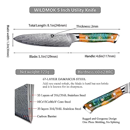 WILDMOK Kitchen Utility Knife - Multipurpose Knife for Peeling Dicing, 5 inch Damascus 67-Layer Damascus VG10 Steel, Ultra Sharp Professional Strong and durability resin handle - Image 2