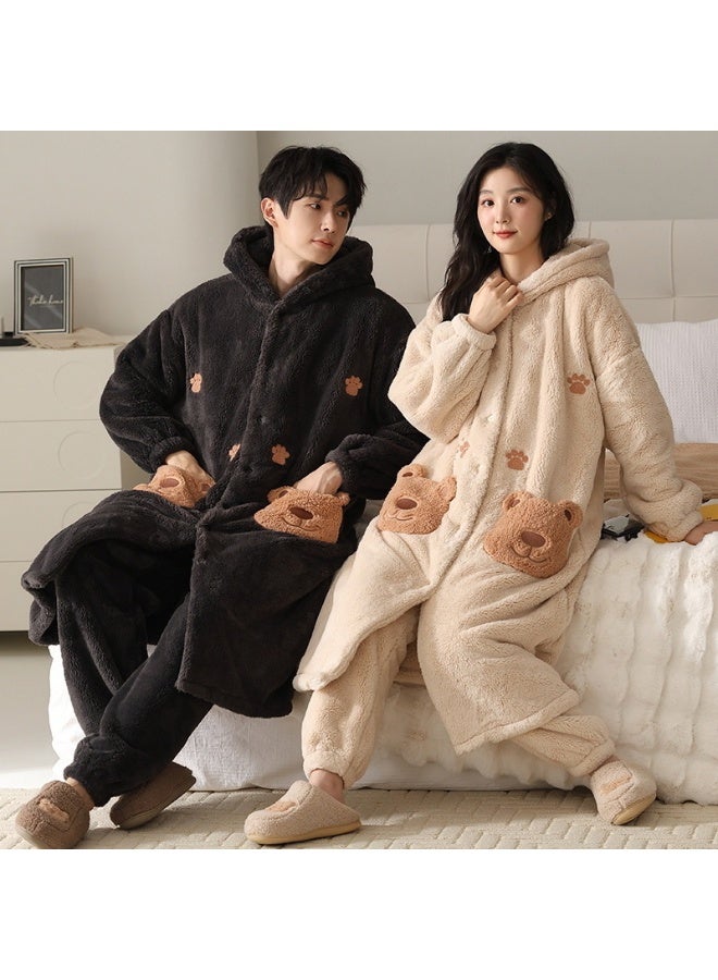 Couple Pajamas Women's Winter Two Piece Sets Thickened Long Sleeve Hooded Bath Robes Trousers Warm Flannel Men Sleepwear - Image 1