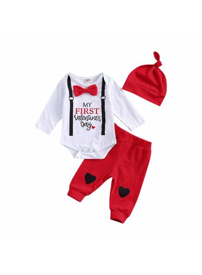 Gureui My First Valentines Baby Boy Outfit Newborn Long Sleeve Romper Onesie Heart Print Pants Hat Toddler Infant Clothes, A White My First Valentine, 6-12 Months - Image 1