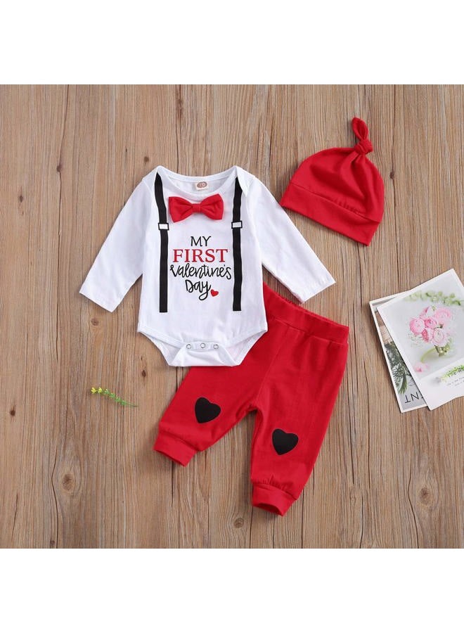 Gureui My First Valentines Baby Boy Outfit Newborn Long Sleeve Romper Onesie Heart Print Pants Hat Toddler Infant Clothes, A White My First Valentine, 6-12 Months - Image 2