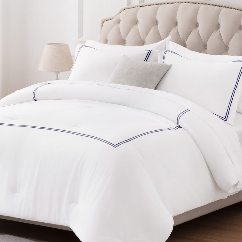SLEEP ZONE Luxury Hotel Bedding Comforter Set 3Piece Machine Washable Lightweight Down Alternative Duvet Insert with Embroidered Stripes King 106 x 95 Navy Strips