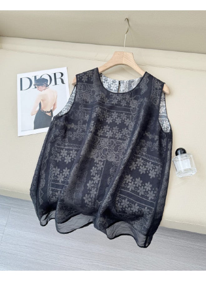 XINYANG New Chinese Style Mesh Sleeveless T-shirt For Women 2025 Summer Double-layer Mesh Patchwork Sheer-proof Vest Top - Image 1