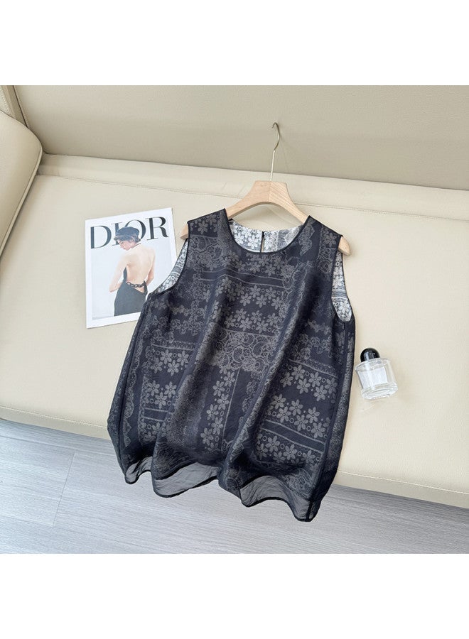 XINYANG New Chinese Style Mesh Sleeveless T-shirt For Women 2025 Summer Double-layer Mesh Patchwork Sheer-proof Vest Top - Image 2