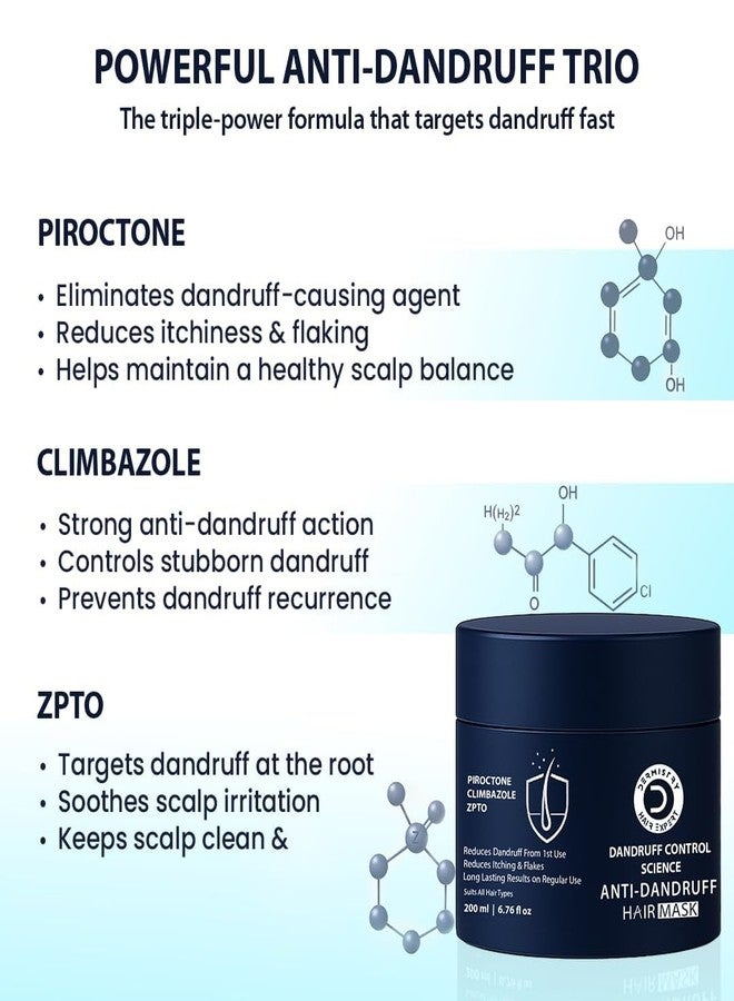 Dermistry Anti-Dandruff Hair Mask with Climbazole Piroctone ZPTO Reduces Dryness Flakes Itching Irritation Exfoliates Both Dry Oily Itchy Scalp Suits Dry Frizzy Curly All Hair Type For Men women 200ml - Image 2