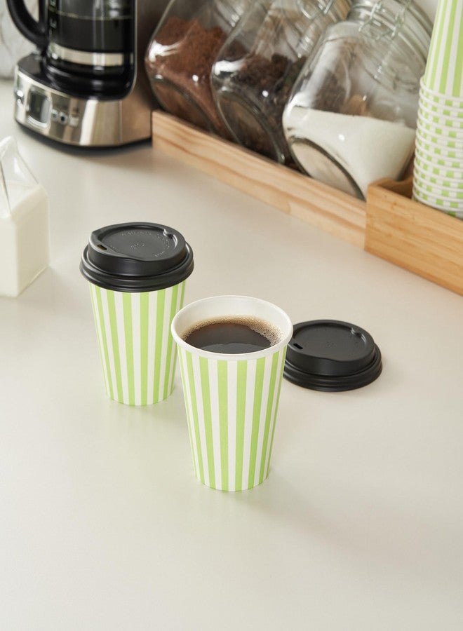 Restaurantware 8 Ounce Disposable Coffee Cups With Lids, 20 Hot Cups With Lids - Sleeves Sold Separately, Single Wall, Green And White Stripe Paper Coffee Cups, For All Kinds Of Beverages - Image 3
