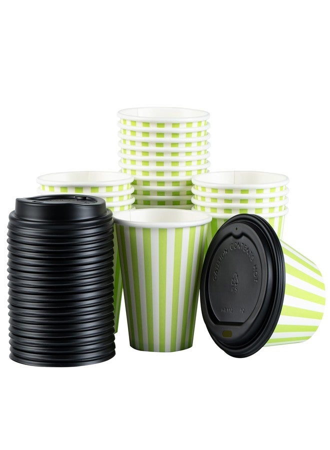 Restaurantware 8 Ounce Disposable Coffee Cups With Lids, 20 Hot Cups With Lids - Sleeves Sold Separately, Single Wall, Green And White Stripe Paper Coffee Cups, For All Kinds Of Beverages - Image 2