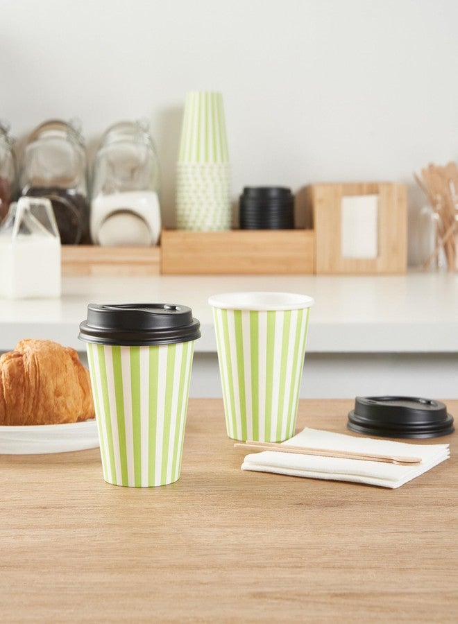 Restaurantware 8 Ounce Disposable Coffee Cups With Lids, 20 Hot Cups With Lids - Sleeves Sold Separately, Single Wall, Green And White Stripe Paper Coffee Cups, For All Kinds Of Beverages - Image 5