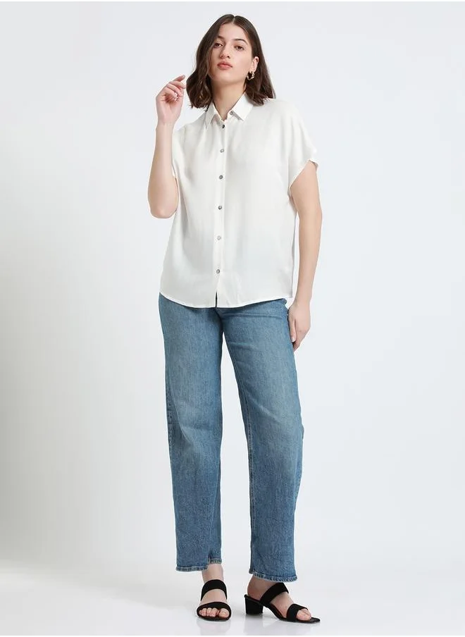 دينيس لينغو Relaxed Fit Offwhite Viscose Moss Shirt Spread Collar