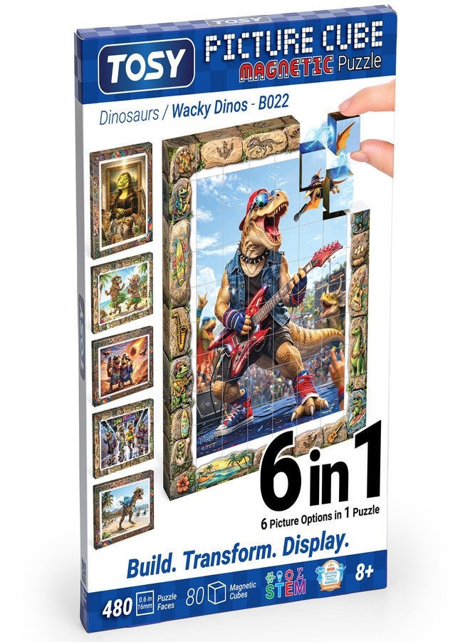 TOSY Picture Cube Wacky Dinos: 6-in-1 Magnetic Picture Puzzle, 80 Blocks, 488 Faces/Magnets, 0.6in, B022, Seamless UV Art, Display-Ready Frame, Collectible, STEM/STEAM Gift for Kids & Adults - Image 1