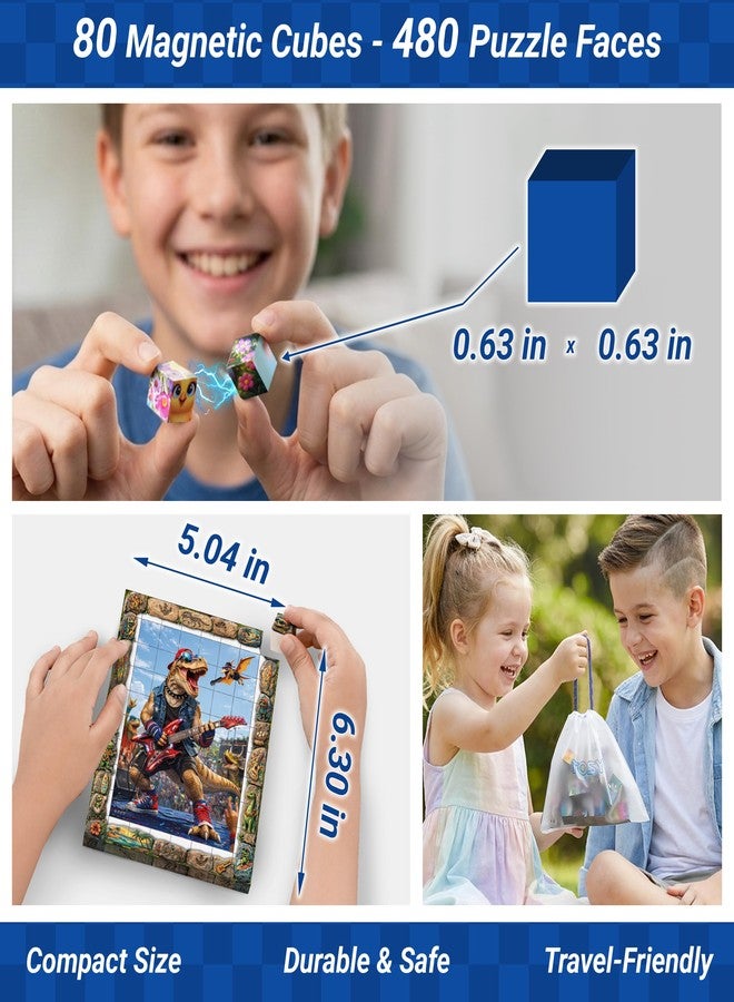 TOSY Picture Cube Wacky Dinos: 6-in-1 Magnetic Picture Puzzle, 80 Blocks, 488 Faces/Magnets, 0.6in, B022, Seamless UV Art, Display-Ready Frame, Collectible, STEM/STEAM Gift for Kids & Adults - Image 2