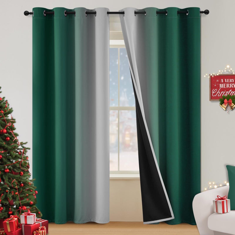 COSVIYA 100% Blackout Curtains & Drapes Ombre Green Curtains 84 inches Long 2 Panels Set  Full Room Darkening Grommet Gradient Insulated Thermal Window Curtains for Bedroom/Living Room 52x84 inches - Image 1