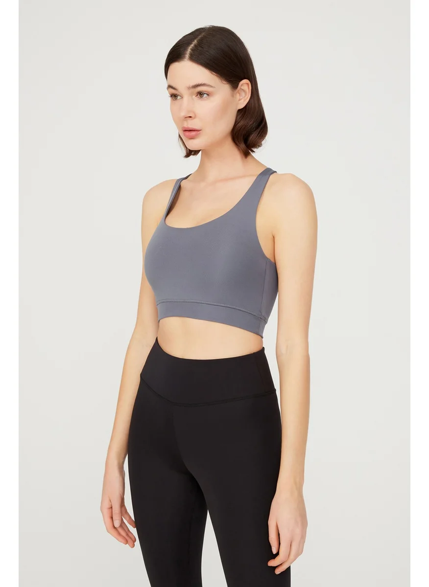 Los Ojos Anthracite Lightweight Support Back Detail Covered Sports Bra Criss Cross Crisscross