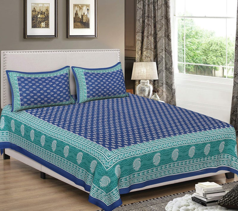 E Elma 100% Pure Cotton Rajasthani Tradition Queen Size Double Bedsheets with 2 Pillow Covers (Queen Size Jaipuri Bedspreads) - Image 1