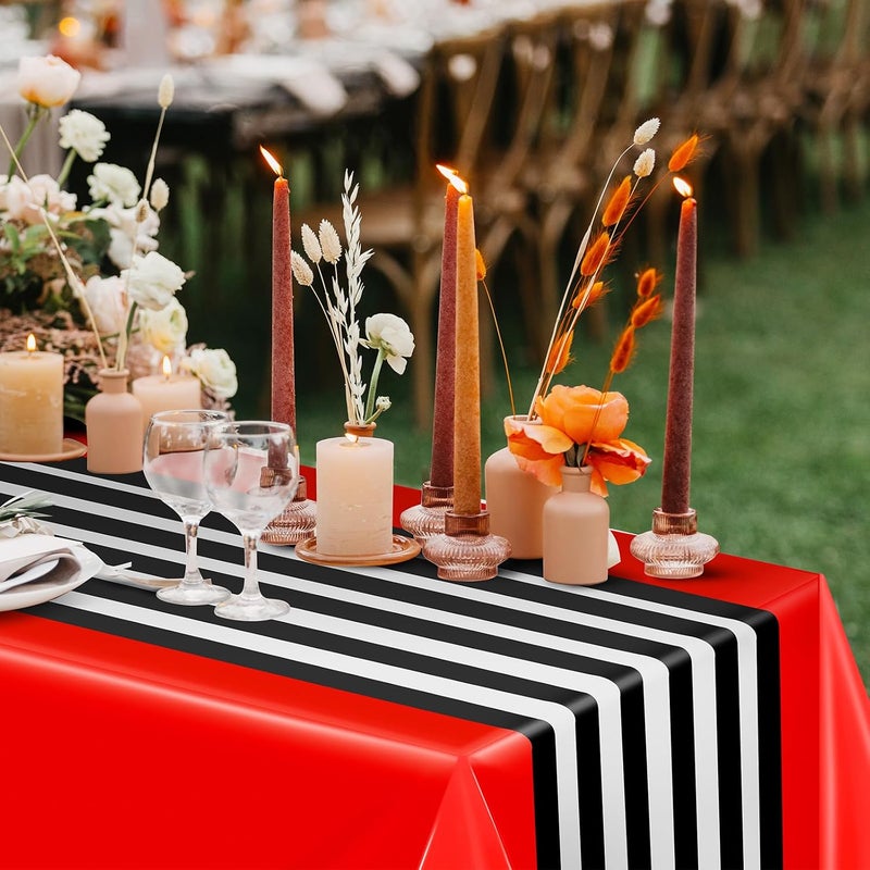 Oudain 6 Pcs Striped Tablecloth 108 x 54 Inch Rectangle Table Cover Disposable Plastic Table Cloth Waterproof Tablecloth Plastic Table Cover for Birthday Wedding Bridal (Black White Red) - Image 5