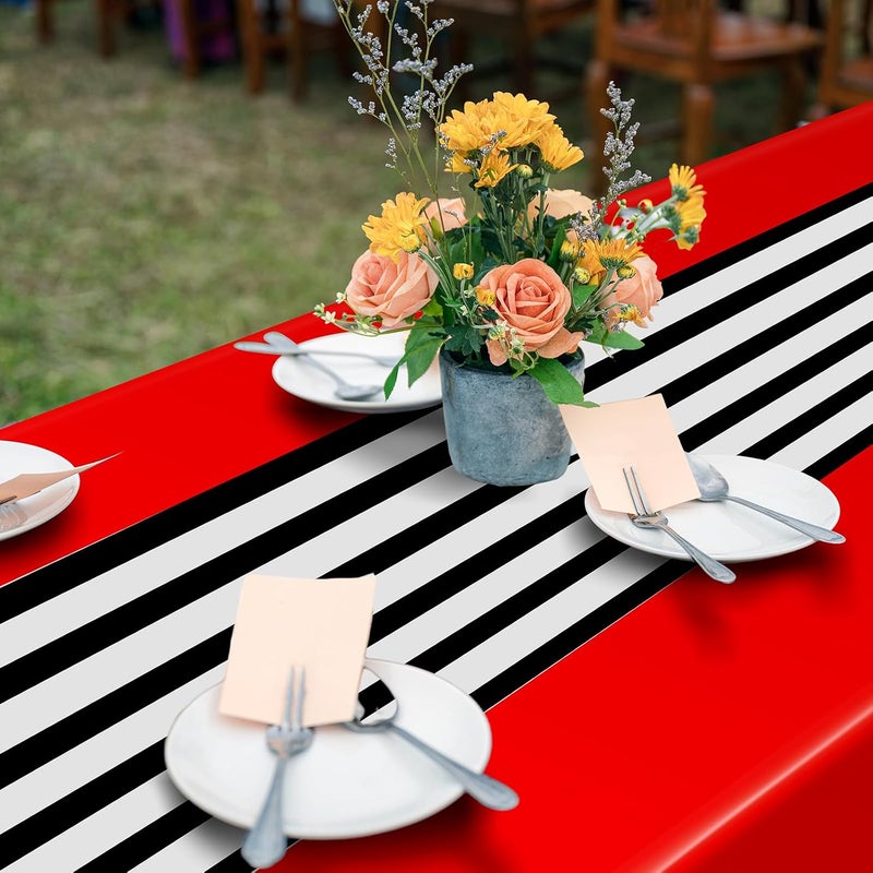Oudain 6 Pcs Striped Tablecloth 108 x 54 Inch Rectangle Table Cover Disposable Plastic Table Cloth Waterproof Tablecloth Plastic Table Cover for Birthday Wedding Bridal (Black White Red) - Image 4