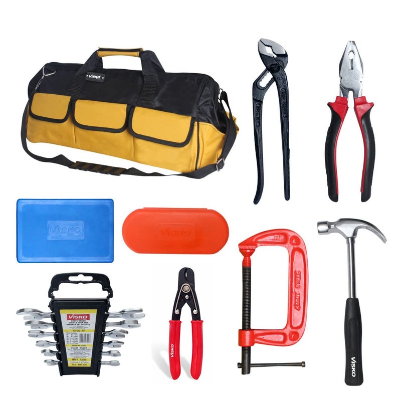 Visko Tools VISKO 827 Hand Tools Set of 27 Pcs With 3 Pliers Hammer Spanners 6Pcs Tool Bag Screwdrivers 6Pcs Allen Keys 9Pcs CClamp Home Appliances Multicolor Combo Set - Image 1