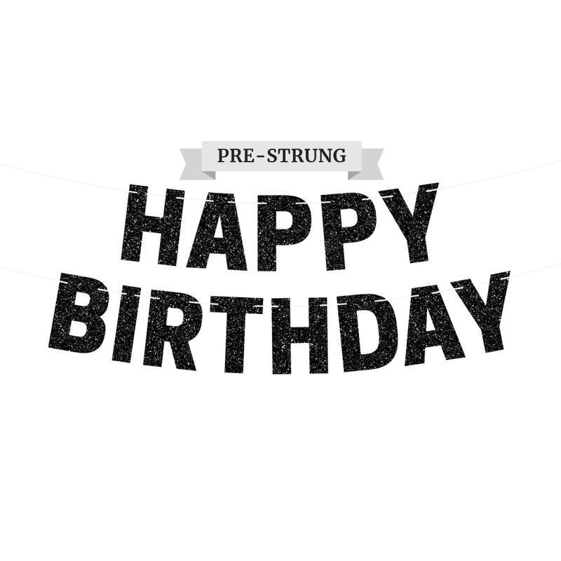 Perfect Occasion Pre-strung Happy Birthday Banner - No DIY - Black Glitter Birthday Party Banner - Pre-strung Garland on 8 ft Strands - Black Bday Party Decorations & Decor for Men & Women. Did We Mention No DIY - Image 1