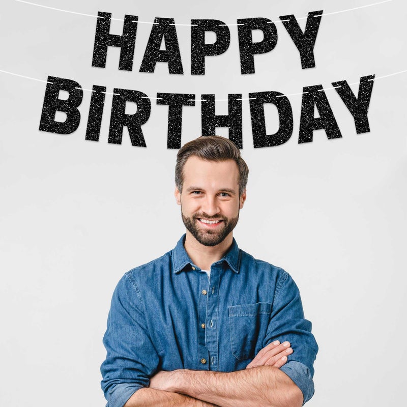 Perfect Occasion Pre-strung Happy Birthday Banner - No DIY - Black Glitter Birthday Party Banner - Pre-strung Garland on 8 ft Strands - Black Bday Party Decorations & Decor for Men & Women. Did We Mention No DIY - Image 3