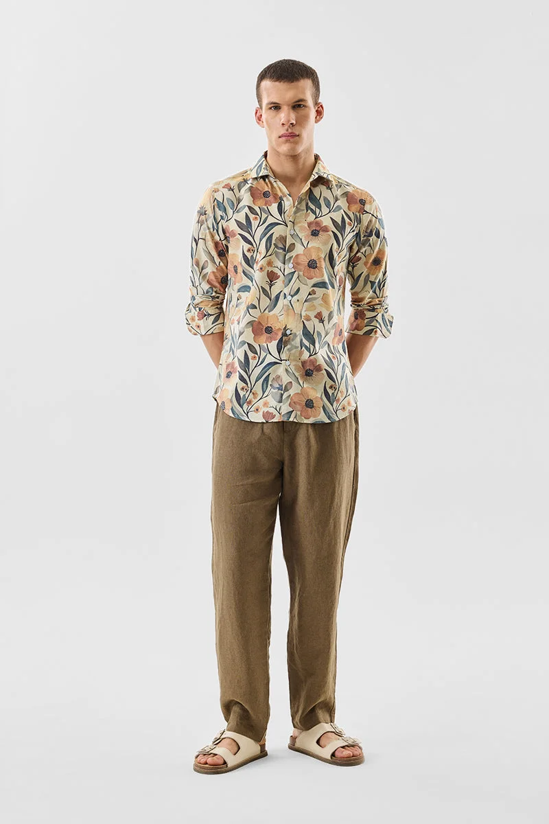 سنيتش Beige Abstract Long Sleeve Slim Fit Shirt