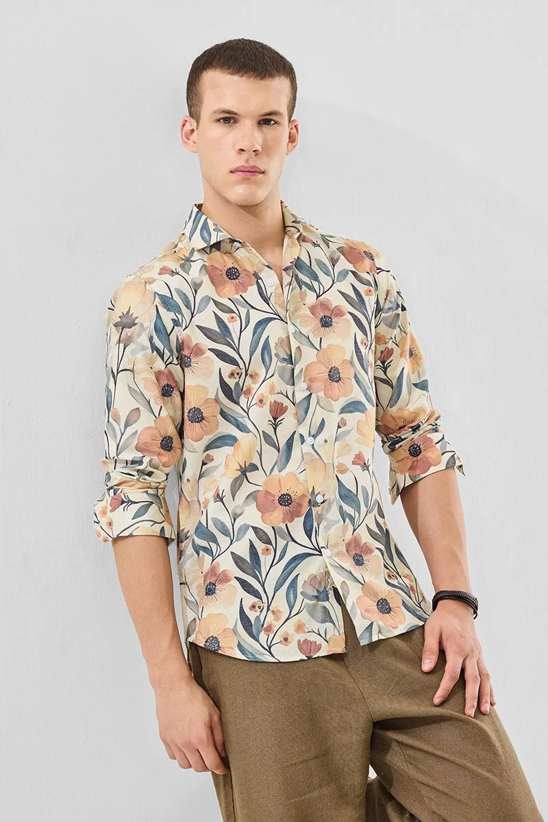 SNITCH Beige Abstract Long Sleeve Slim Fit Shirt