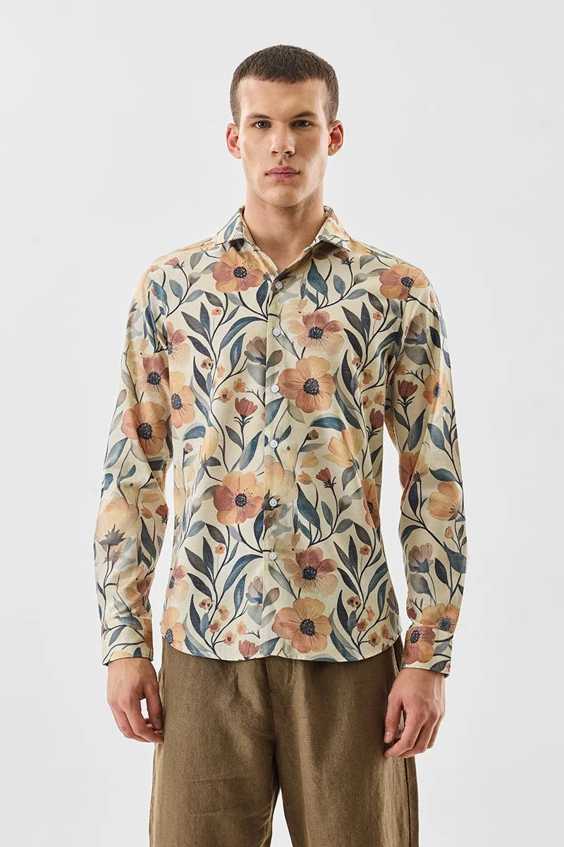 سنيتش Beige Abstract Long Sleeve Slim Fit Shirt