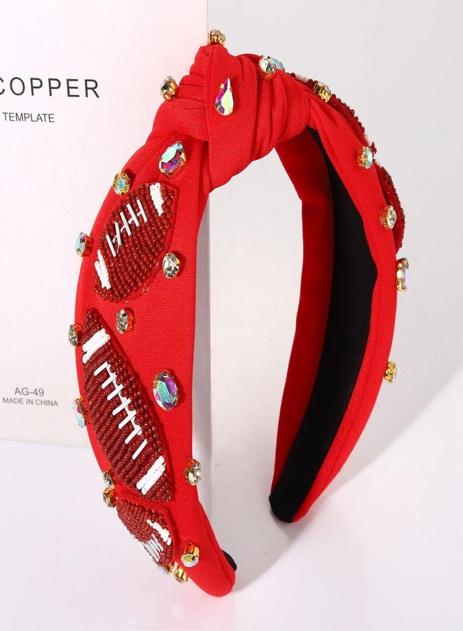 NVENF Football Headband for Women Football Mom Accessories Beaded Football Knotted Headband Jeweled Rhinestone Crystal Embellished Top Knot Hairband Sport Hairband Game Day Hair Accessory (Red) - Image 3