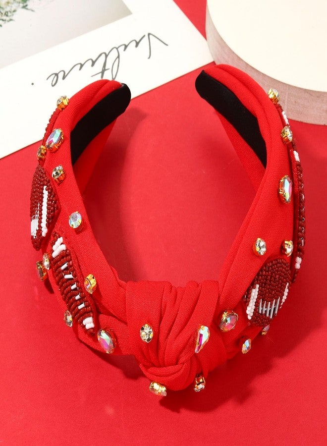 NVENF Football Headband for Women Football Mom Accessories Beaded Football Knotted Headband Jeweled Rhinestone Crystal Embellished Top Knot Hairband Sport Hairband Game Day Hair Accessory (Red) - Image 4